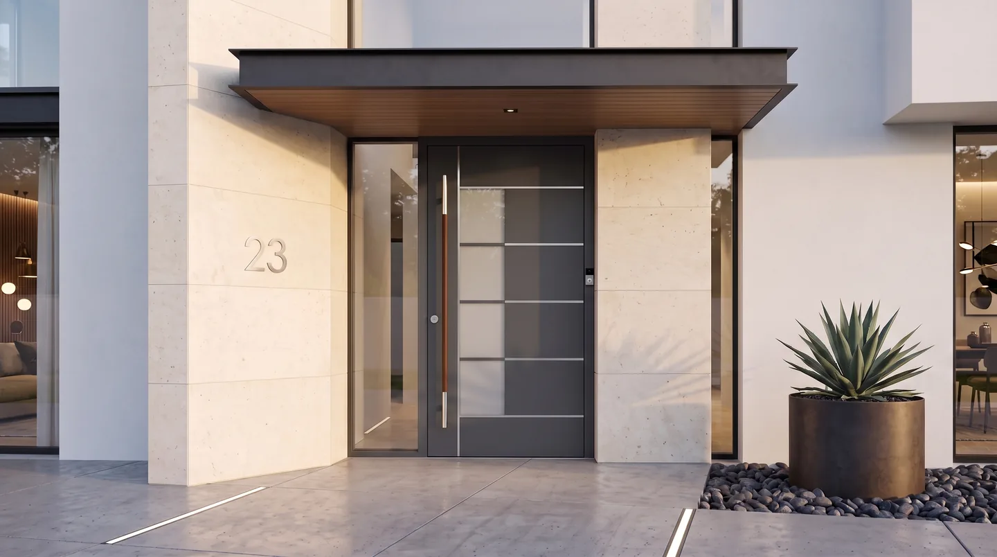 Aluminium entrance door with a laminated glazed panel set into the leaf